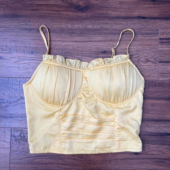 Shinestar Tops - Y2K Yellow Satin Corset Crop Top Ruched Padded Cups Women M Coquette Going Out